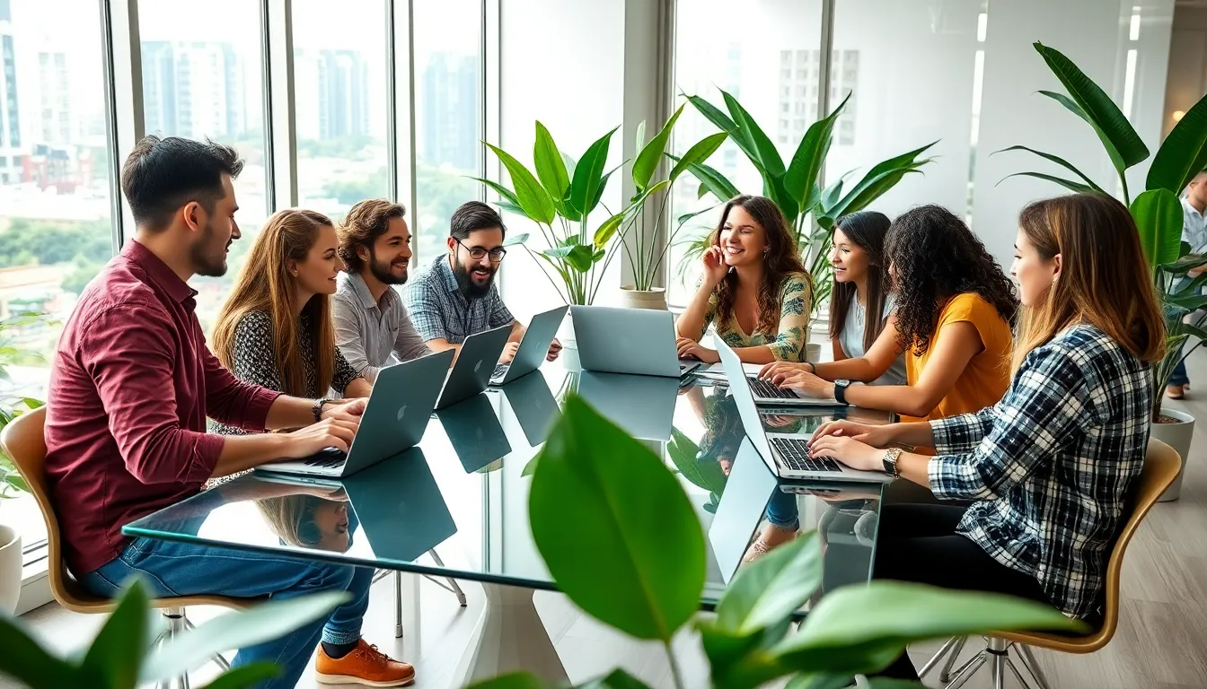 diverse digital nomads collaborating in a modern co-working space.