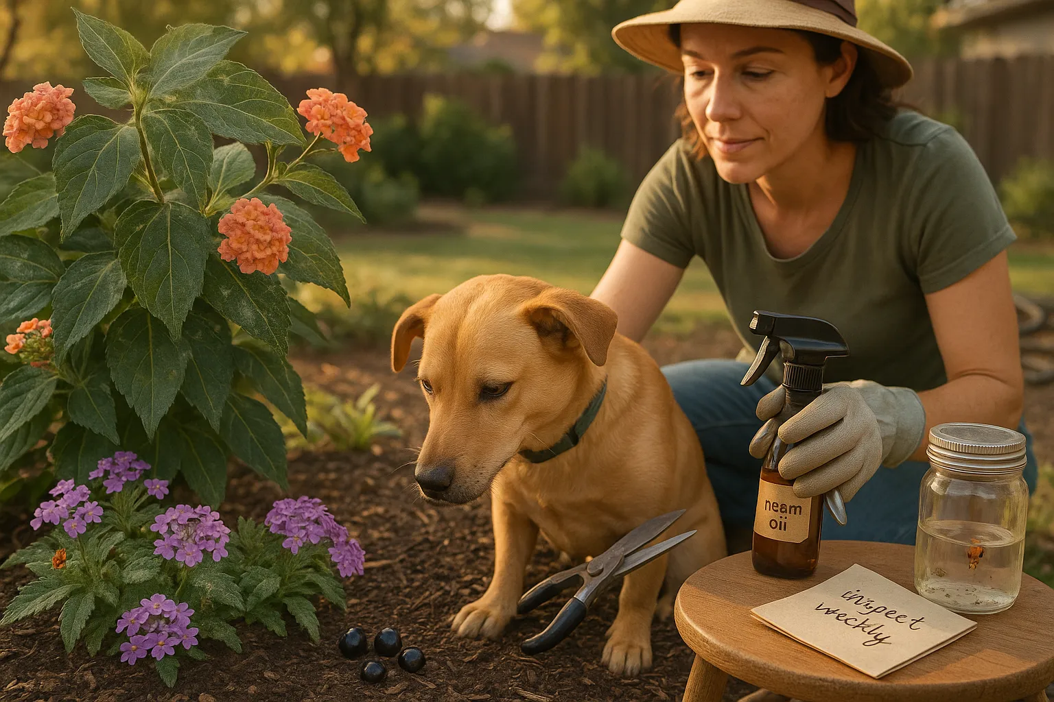 gardener holding back dog from fallen lantana berries beside powdery verbena plants