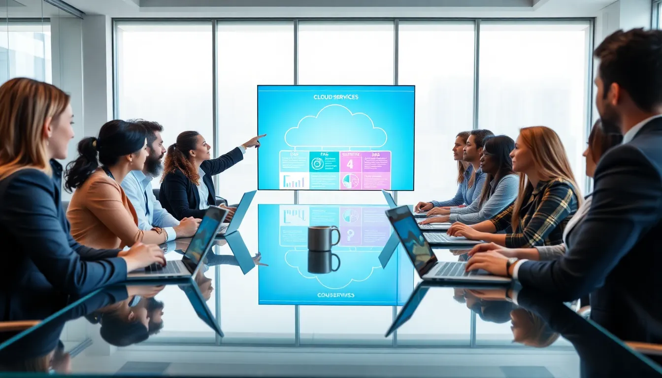 professionals discussing cloud computing in a modern office setting.