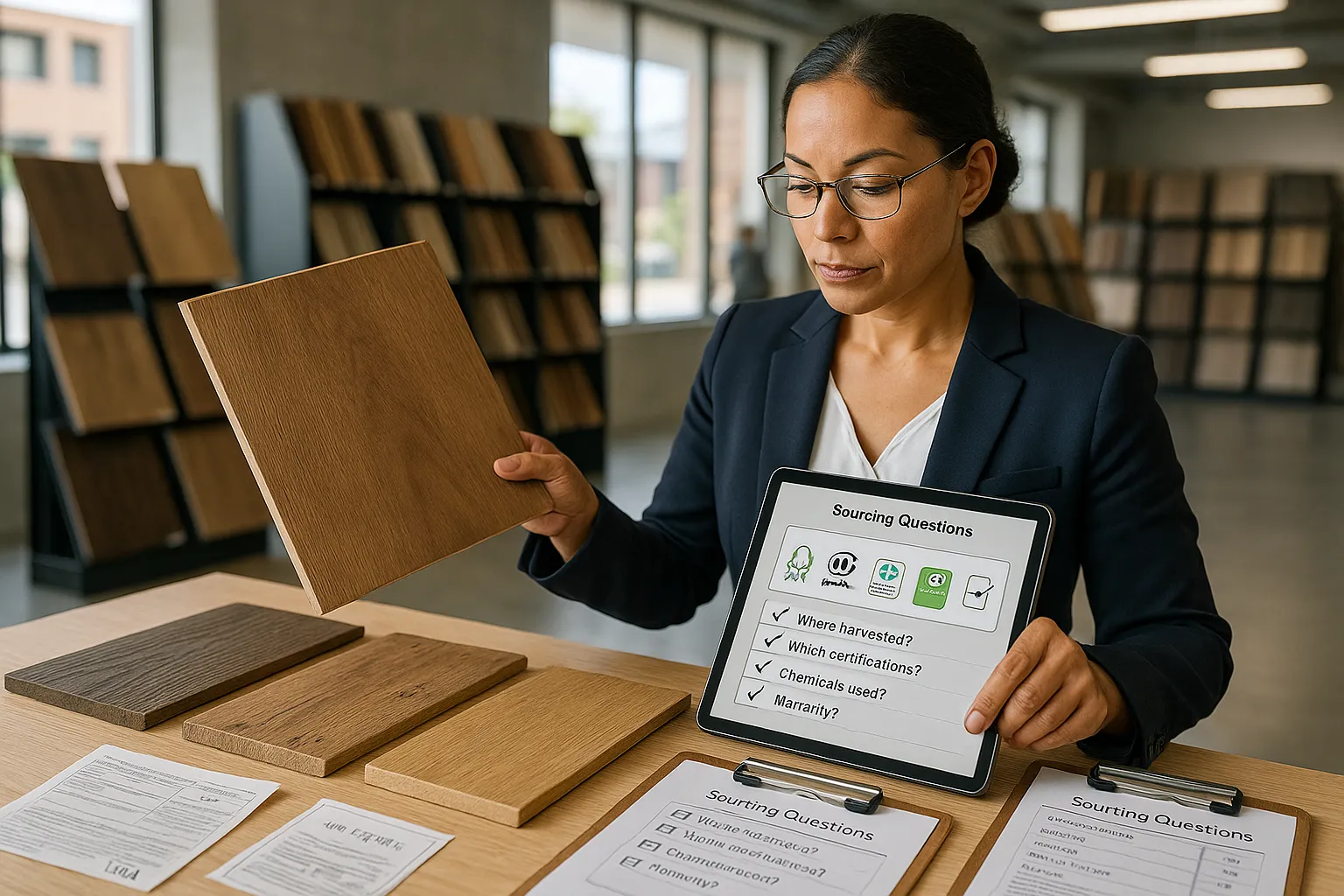 Designer comparing certified flooring samples and documents in a showroom.