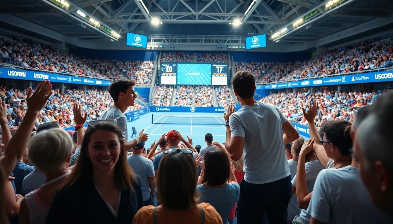 tennis match at the US Open with excited fans.