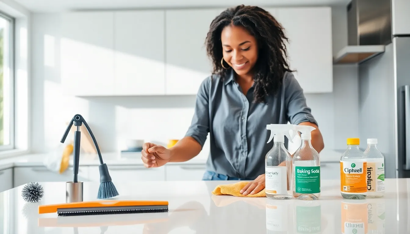 person cleaning a countertop in a modern kitchen.