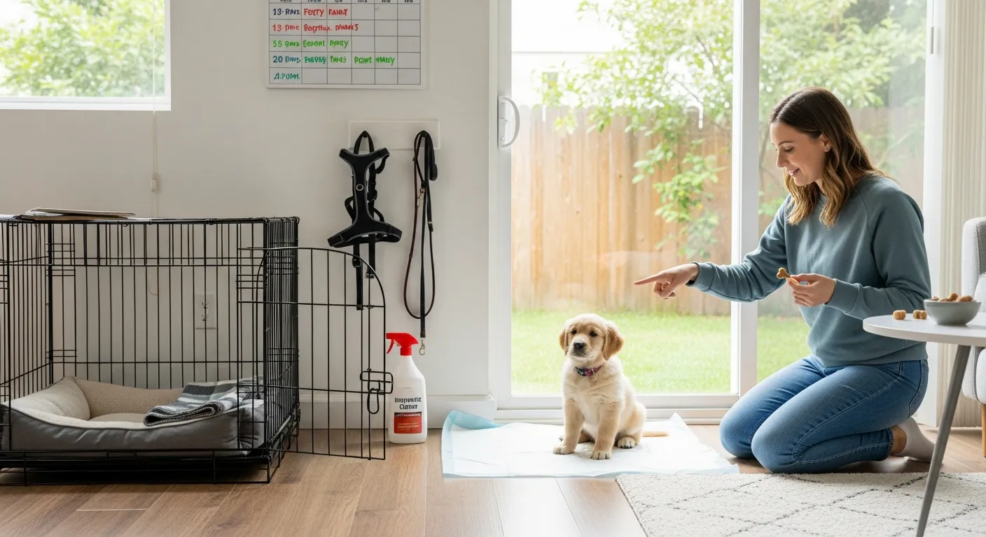 Owner guiding a puppy to a potty pad near a door with training supplies nearby.