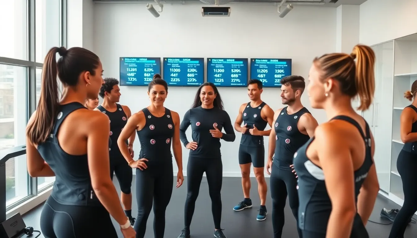 diverse individuals participating in EMS fitness training in a modern studio.