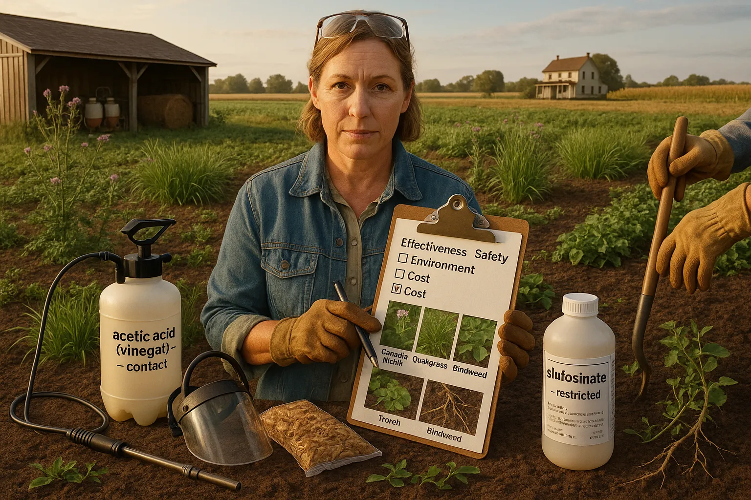 Farmer with checklist and weed-control tools assessing weed patches at golden hour.