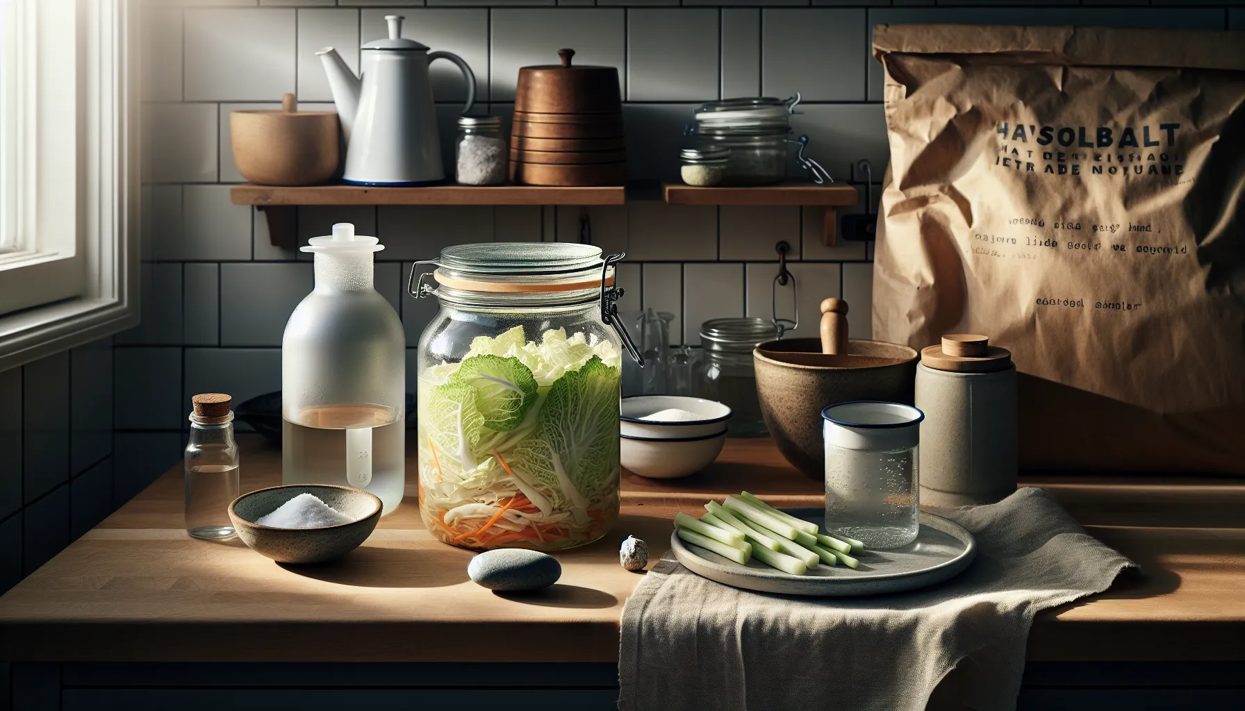 Norwegian kitchen with fermenting cabbage jar, airlock lid, salt, and water.