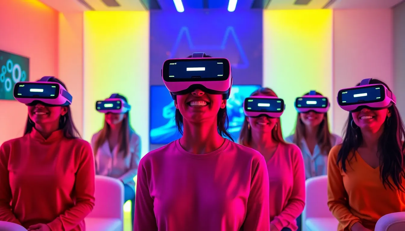 diverse individuals using VR headsets in a colorful wellness space.