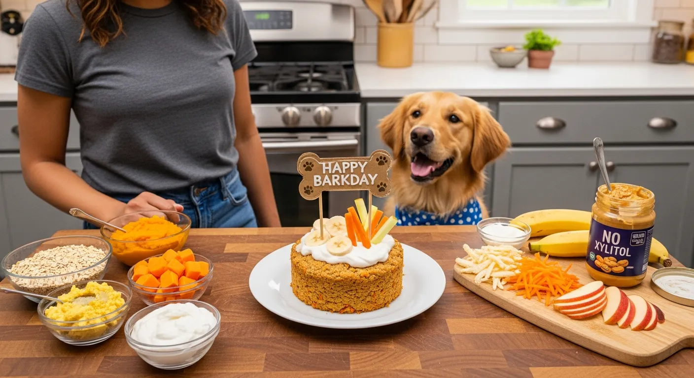 Dog waiting in kitchen beside homemade dog-safe birthday cake and ingredients.