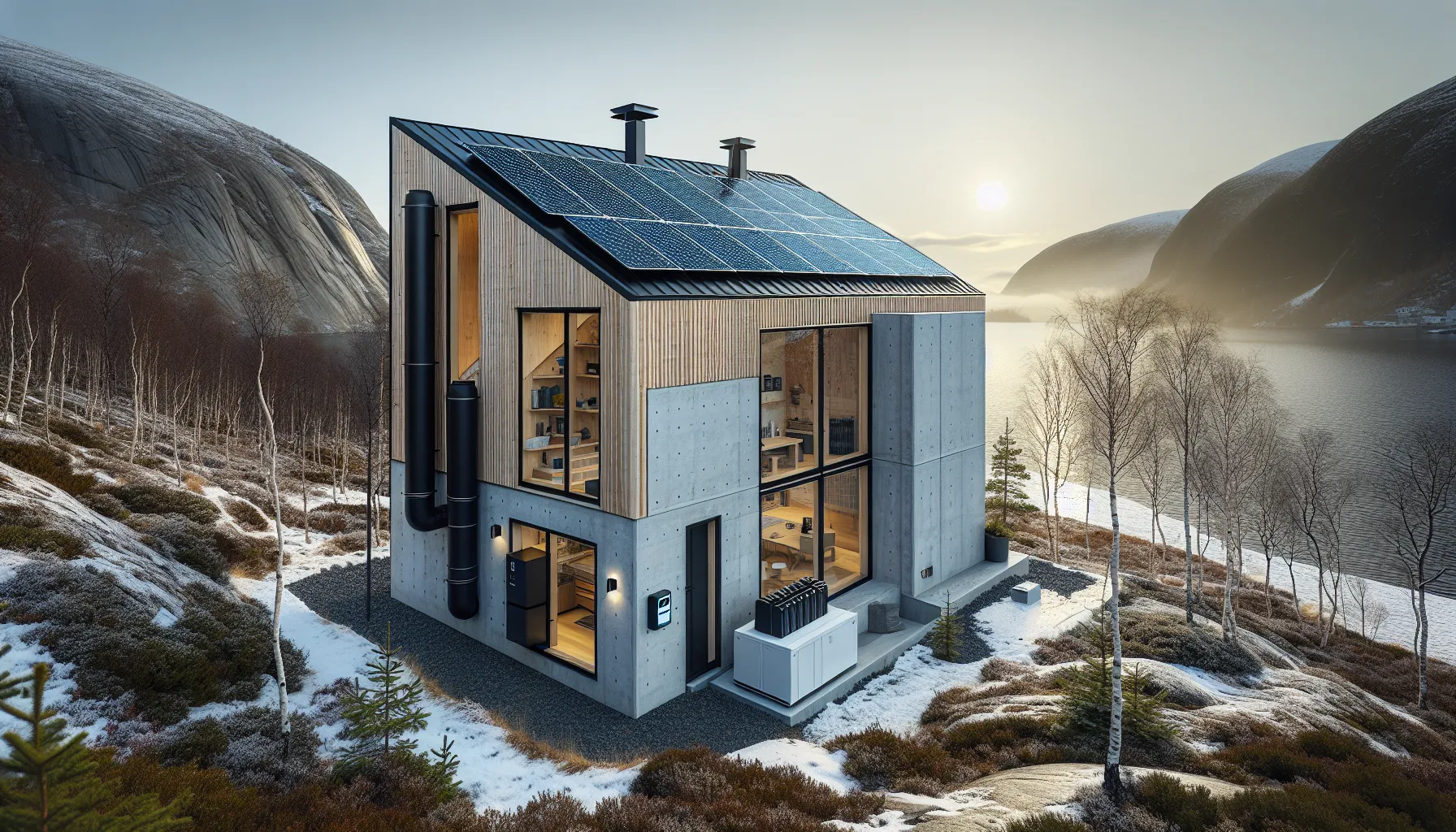 Hva er forskjellen mellom passivhus og nullutslippshus? 3 Norwegian passive–zero-emission house with thick insulation, hrv, solar panels, and heat pump.