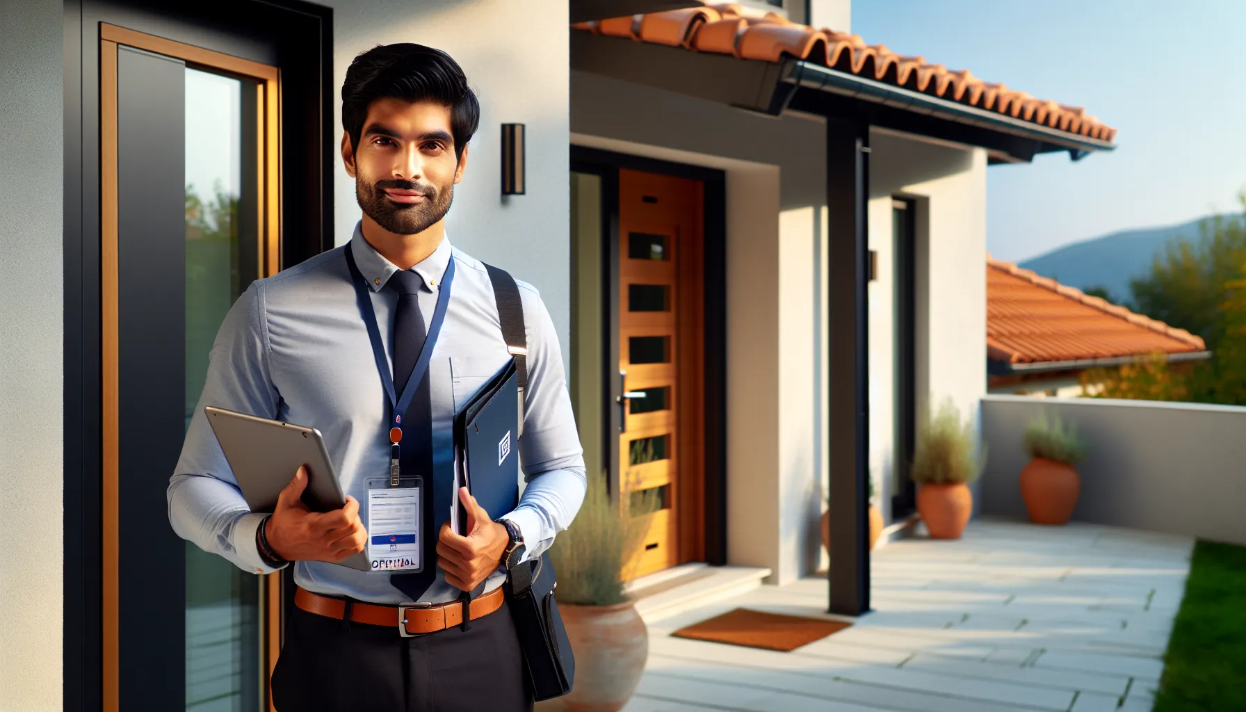 Professional HRT fee collector with tablet at Croatian residential building entrance