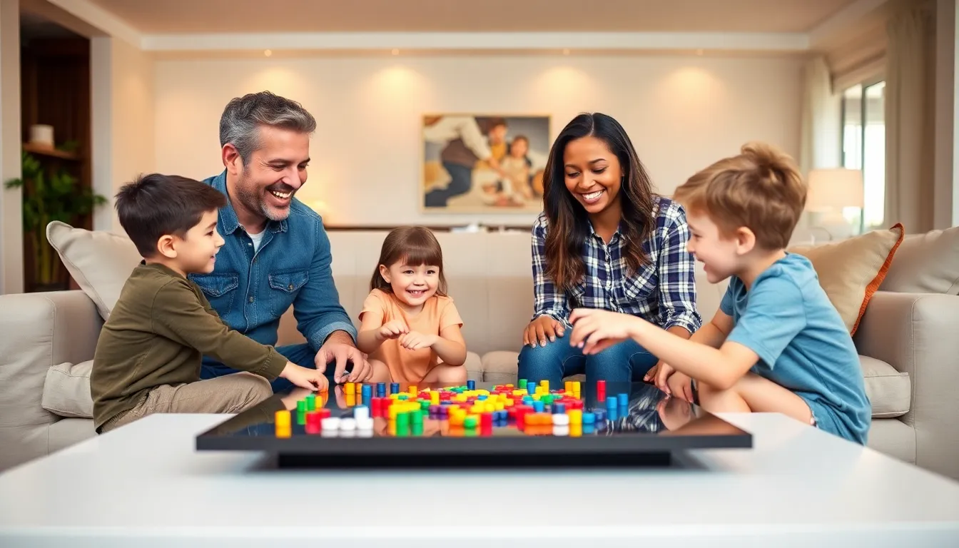 family enjoying a board game together in a cozy living room.
