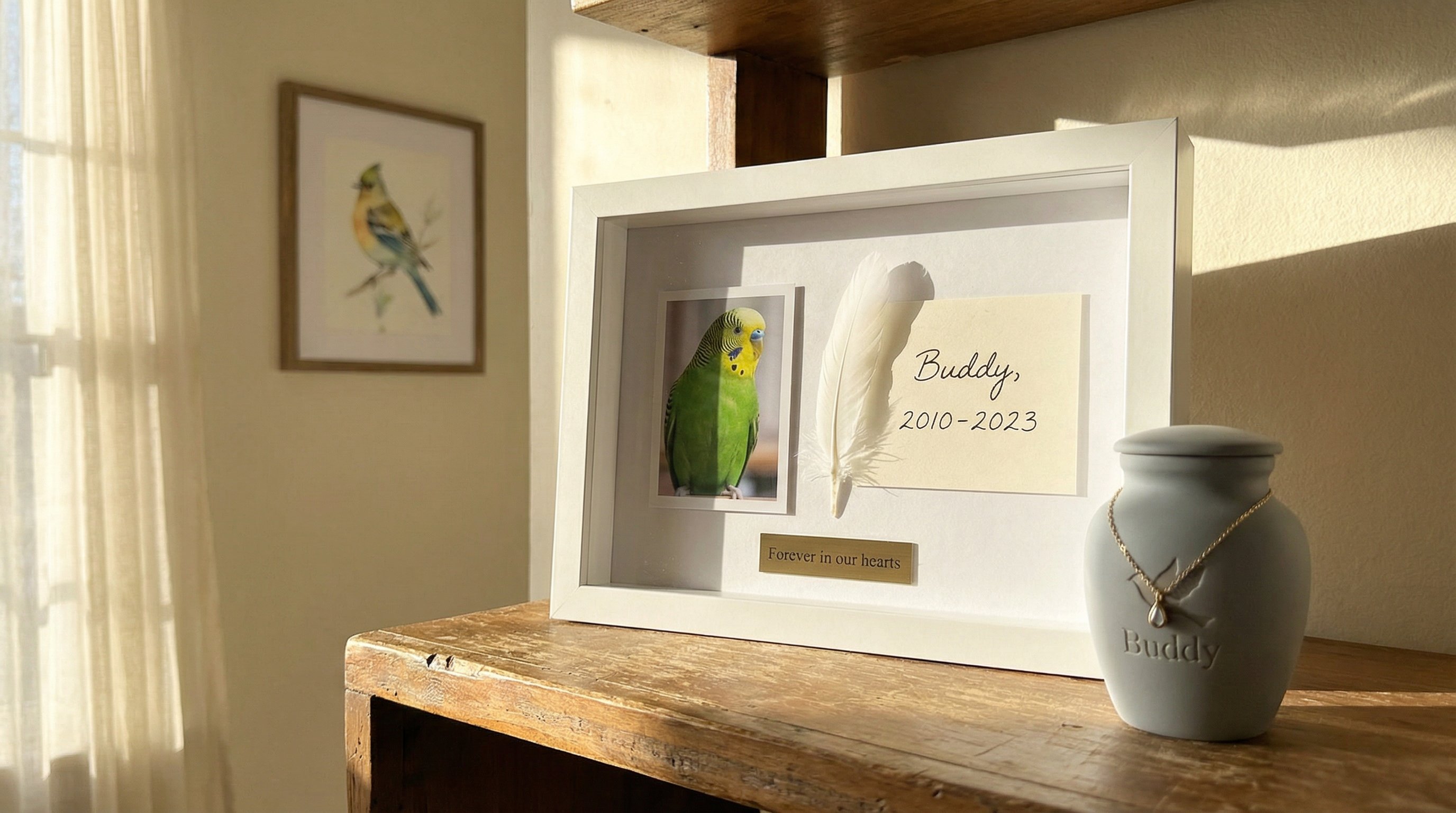 Memorial shadow box, small urn, and cremation pendant on a wooden shelf.