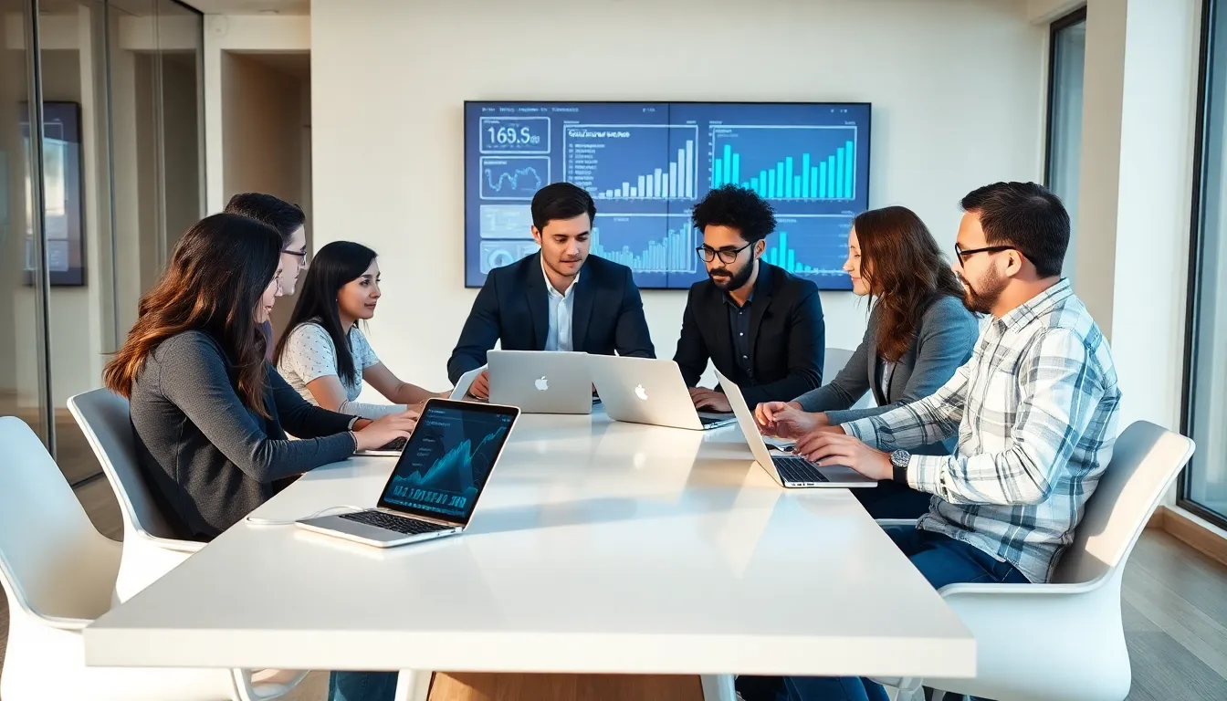 diverse team discussing software testing in a modern office.
