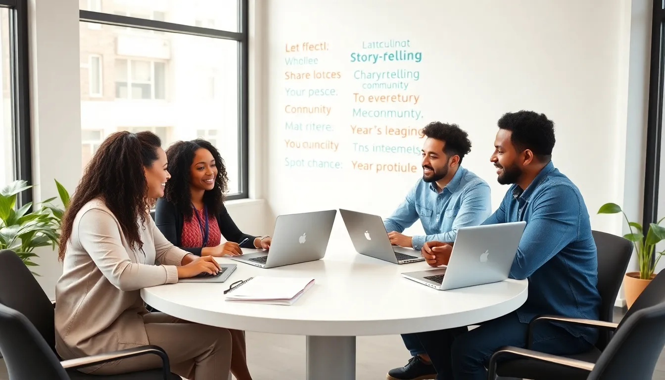 diverse bloggers collaborating in a modern office space.