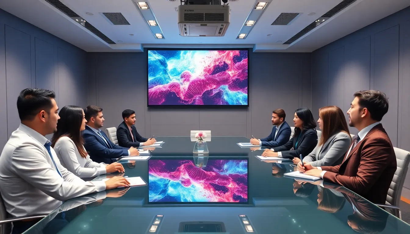 professionals in a modern conference room using audio visual technology.