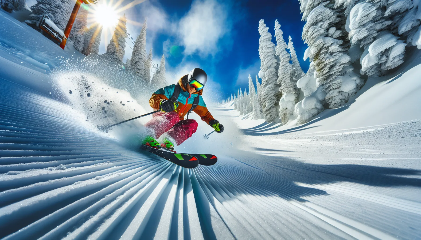 A skier descending a snowy slope at a scenic mountain location.
