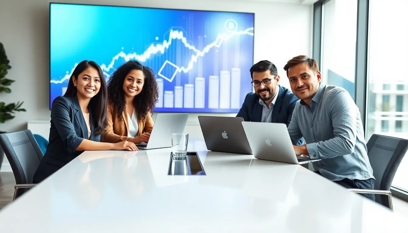 diverse team discussing blockchain technology in a modern office.