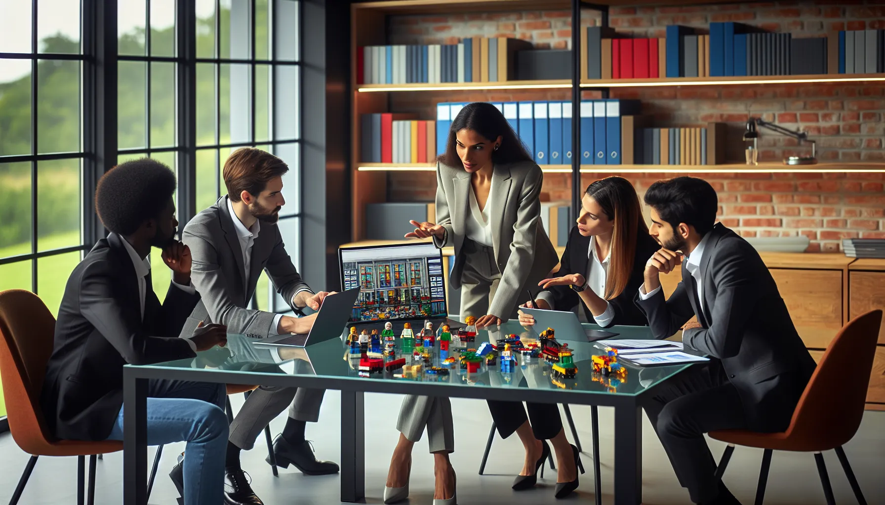 diverse team discussing Lego strategies in a modern office.
