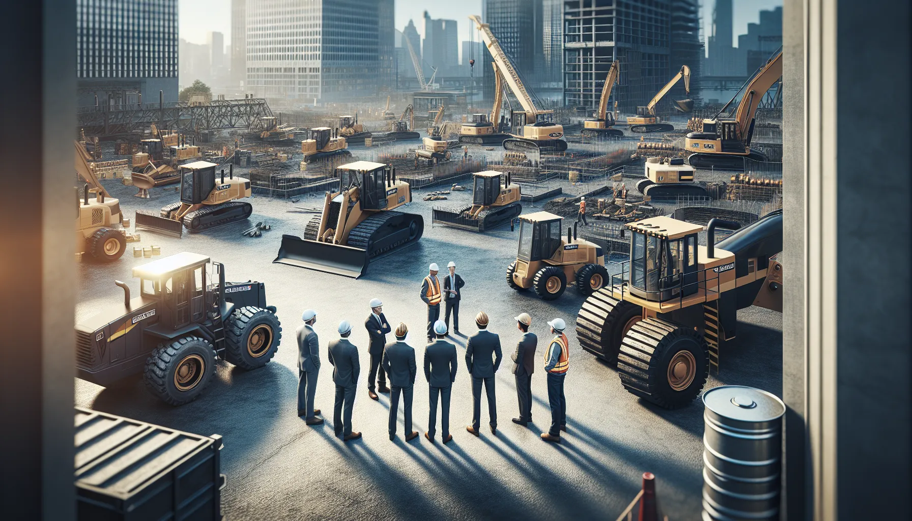 diverse construction team evaluating Teckaya equipment at a construction site.