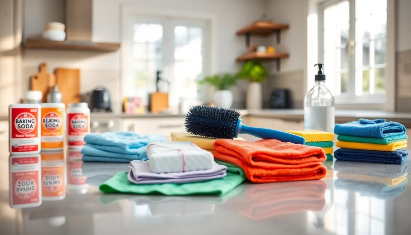 organized cleaning supplies in a modern kitchen setting.