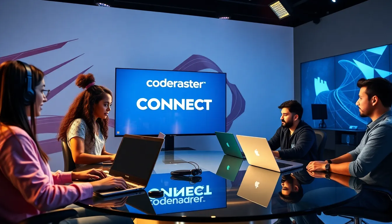 gamers collaborating around screens in a modern gaming studio.