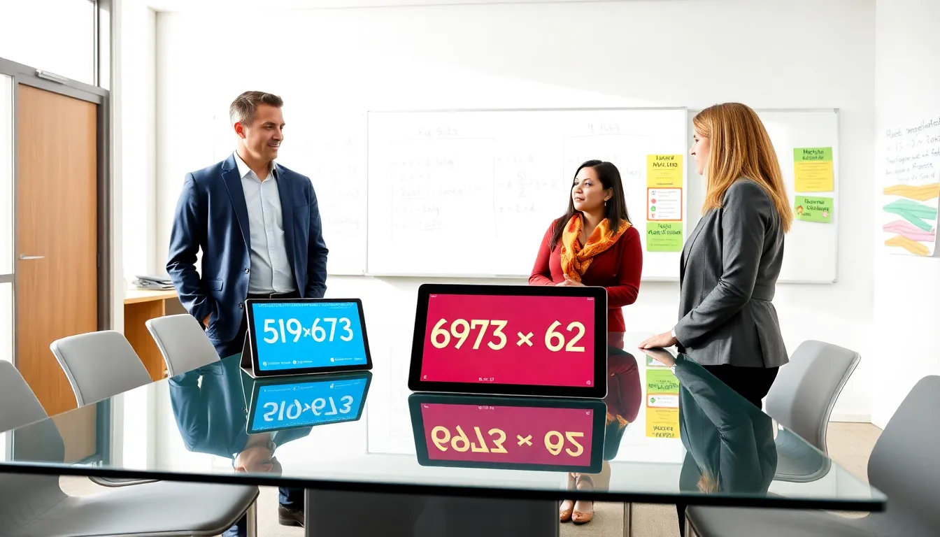diverse educators discussing multiplication concepts in a modern classroom.