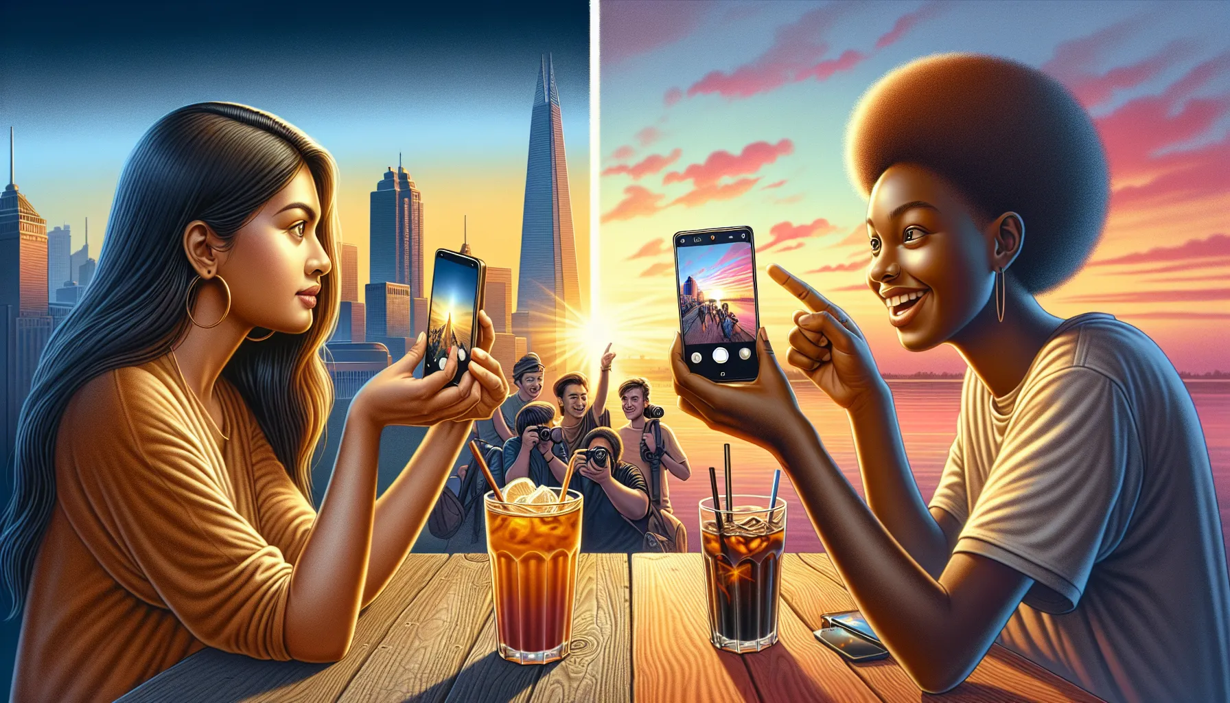 A woman using an iPhone to photograph a sunset, with a Samsung Galaxy nearby.