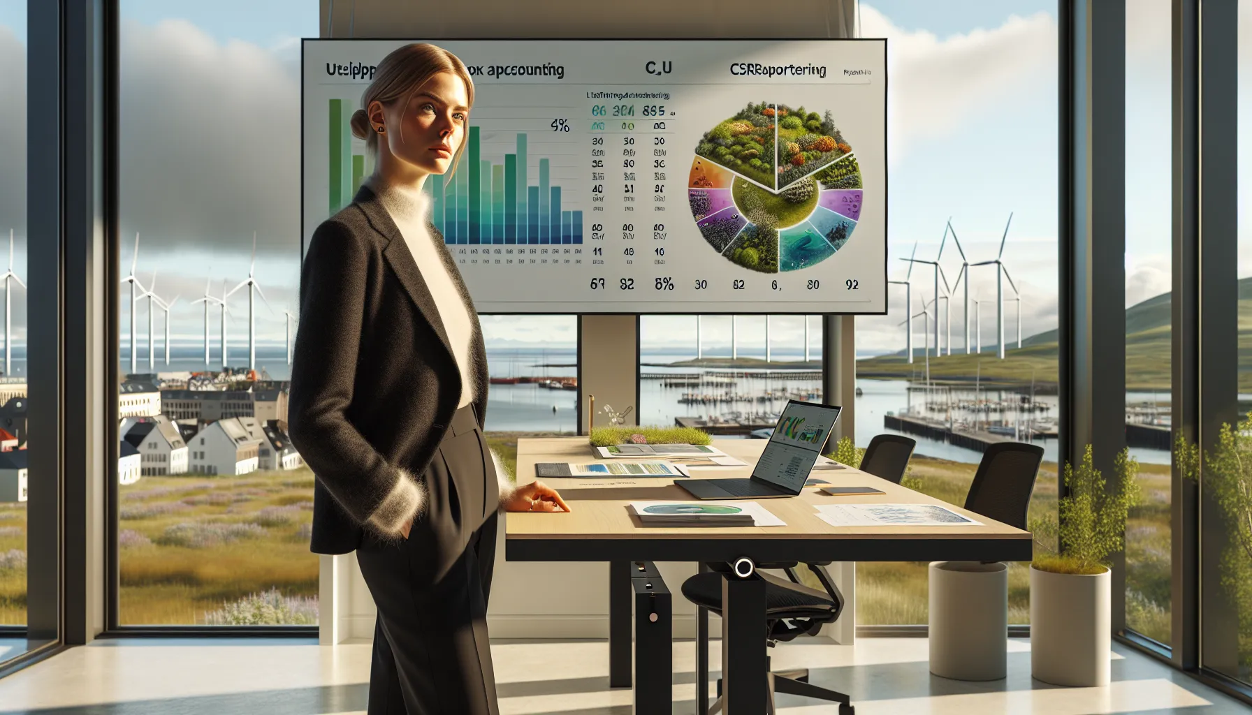 Norwegian sustainability professionals discuss climate data and strategies in a modern office.