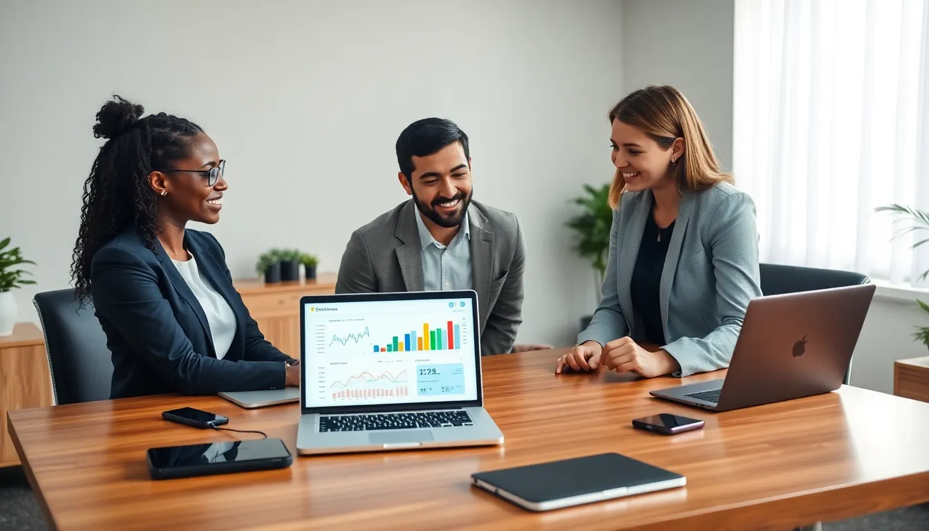 diverse professionals discussing a financial management dashboard in a modern workspace.