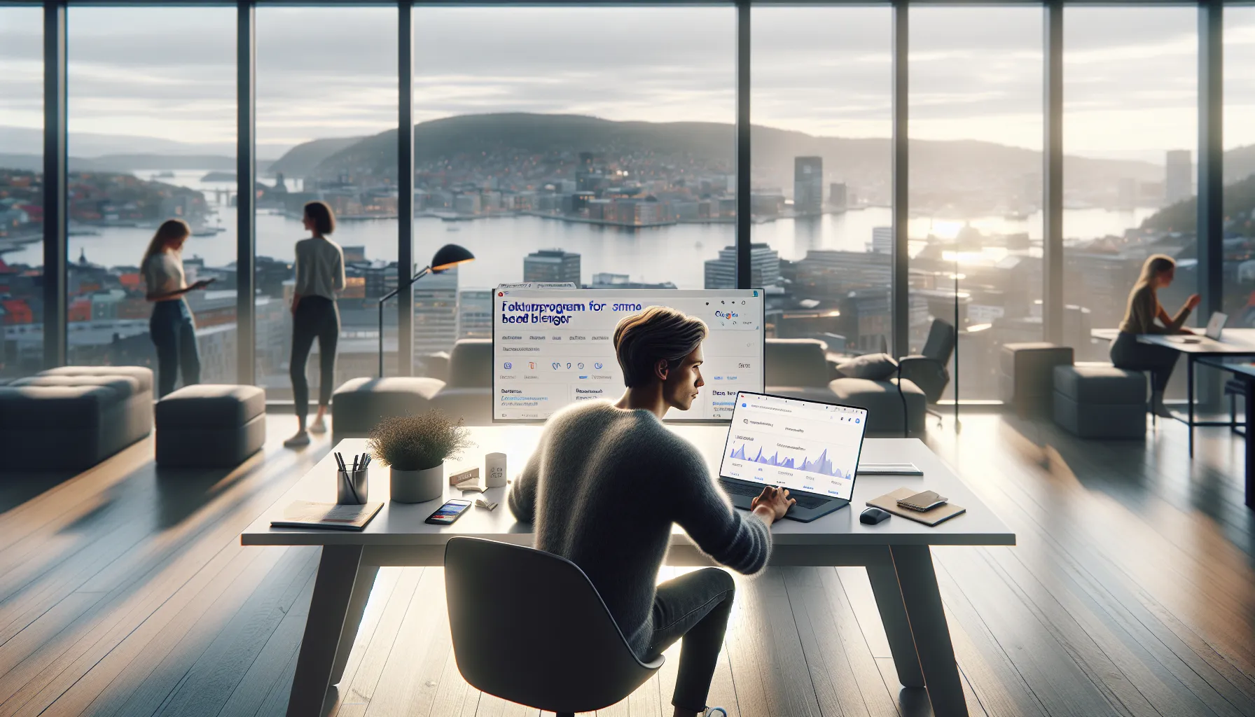 Hvordan lage en seo-strategi for startups 2 Norwegian startup founder analyzing seo search results and local visibility on a laptop.