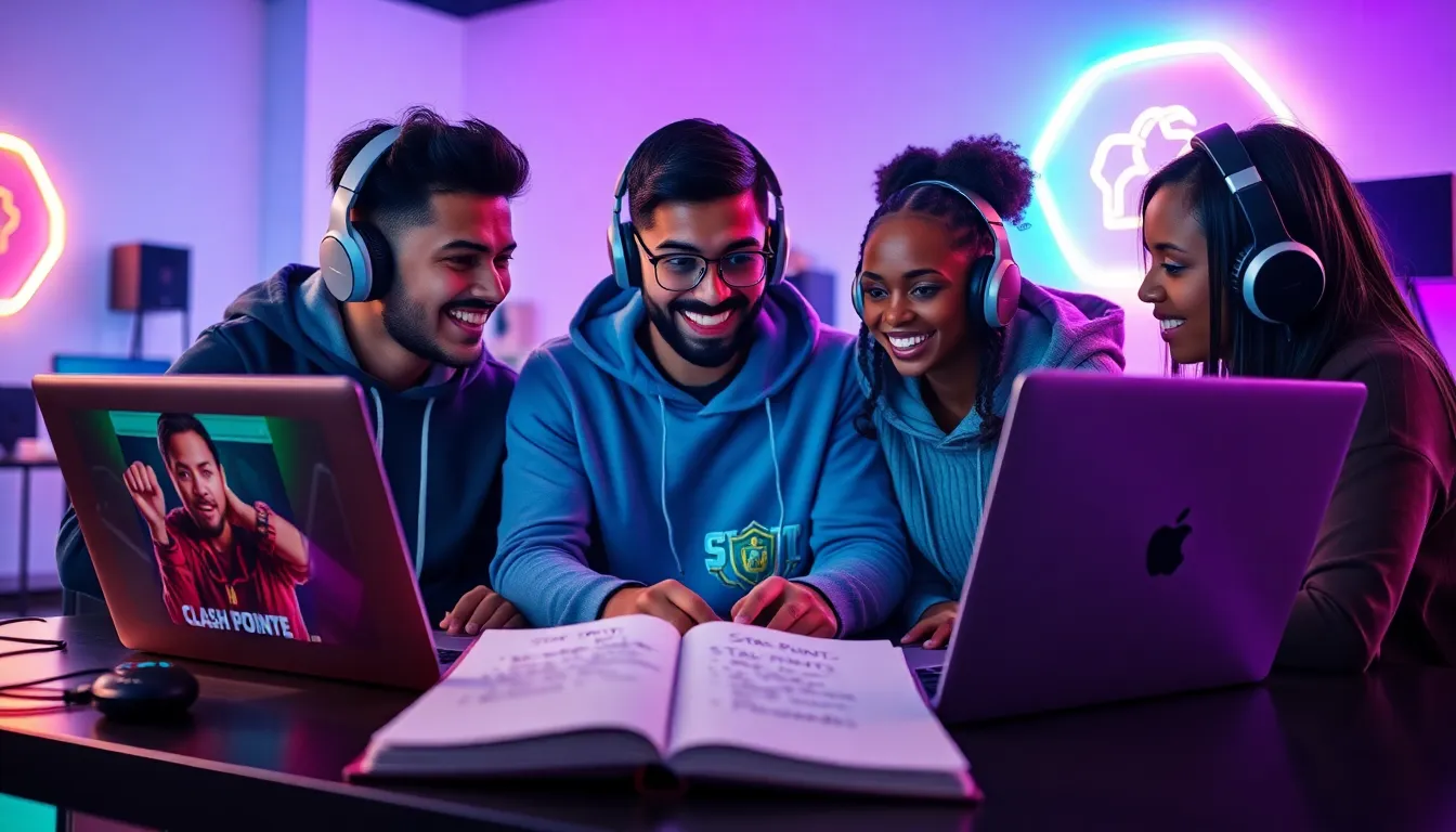 diverse group discussing Clash Royale strategies in a modern gaming setup.