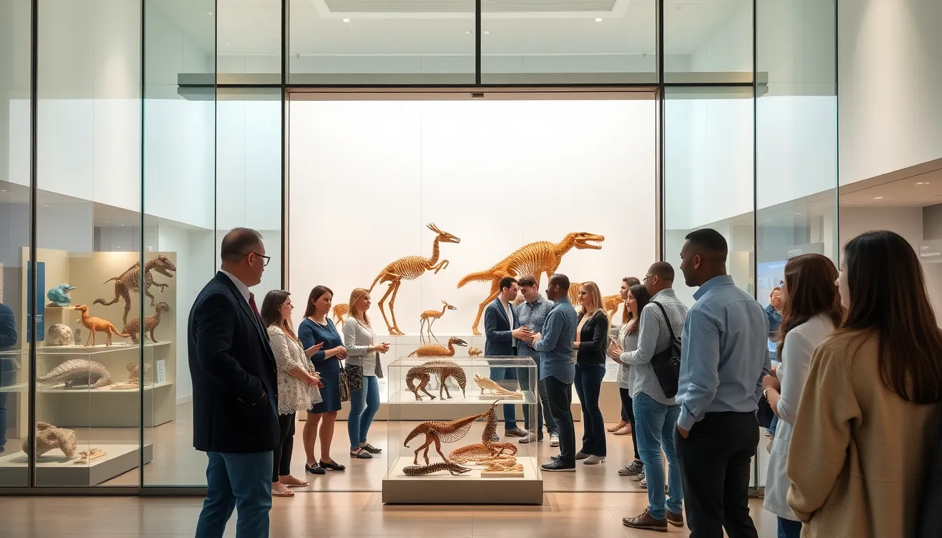 diverse professionals discussing exhibits in a modern life science museum.