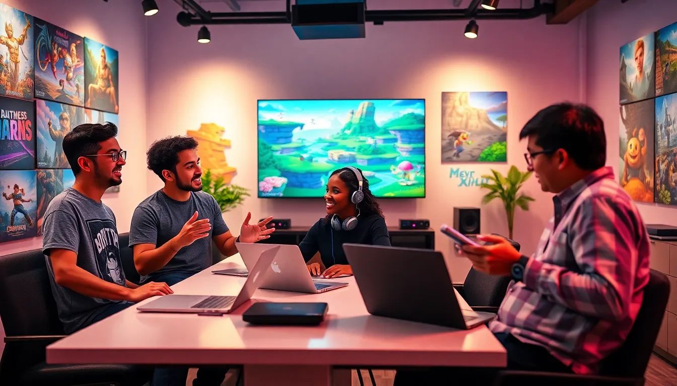 three young adults collaborating in a vibrant gaming studio.