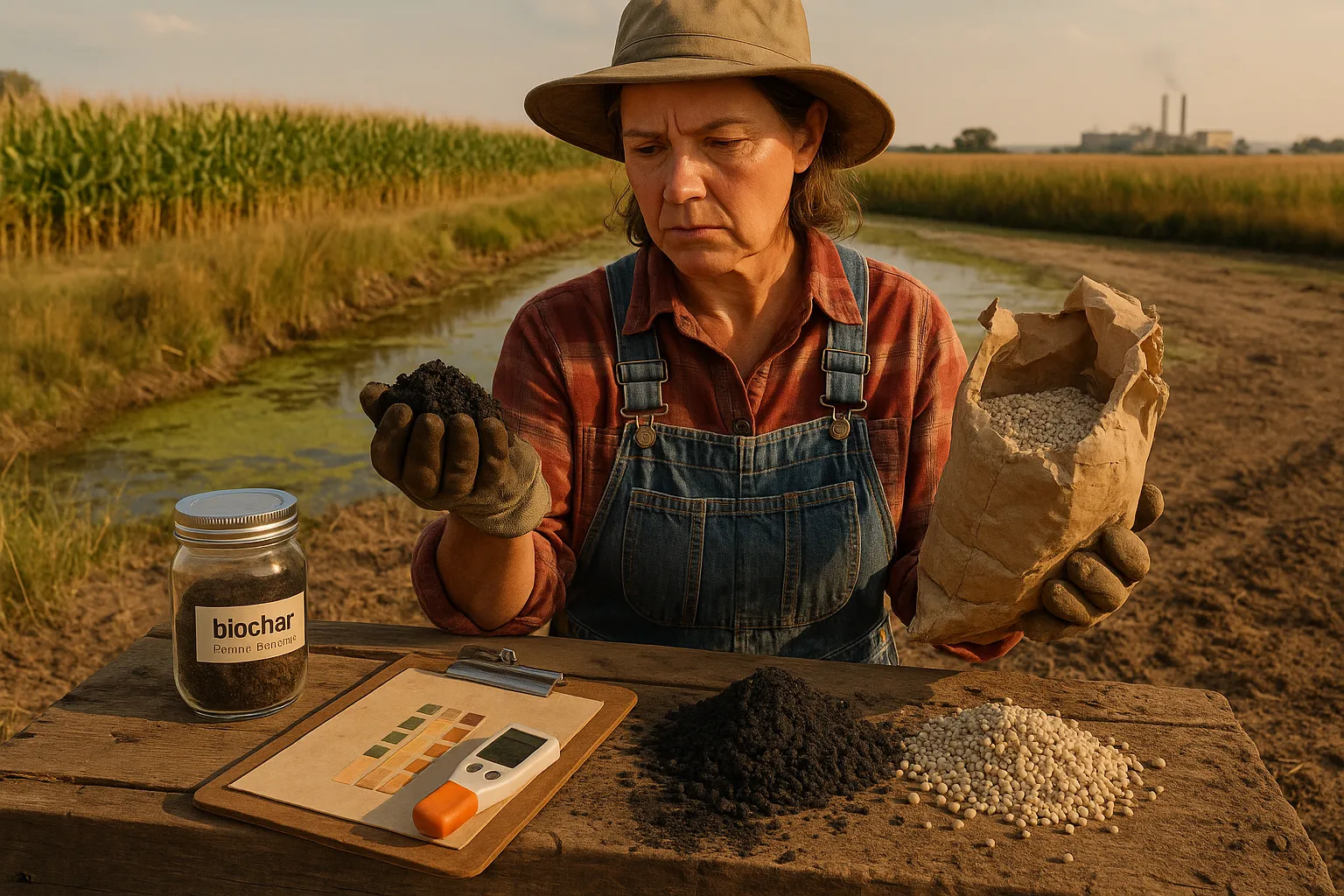 Farmer comparing biochar and fertilizer beside an algae-tinged pond.