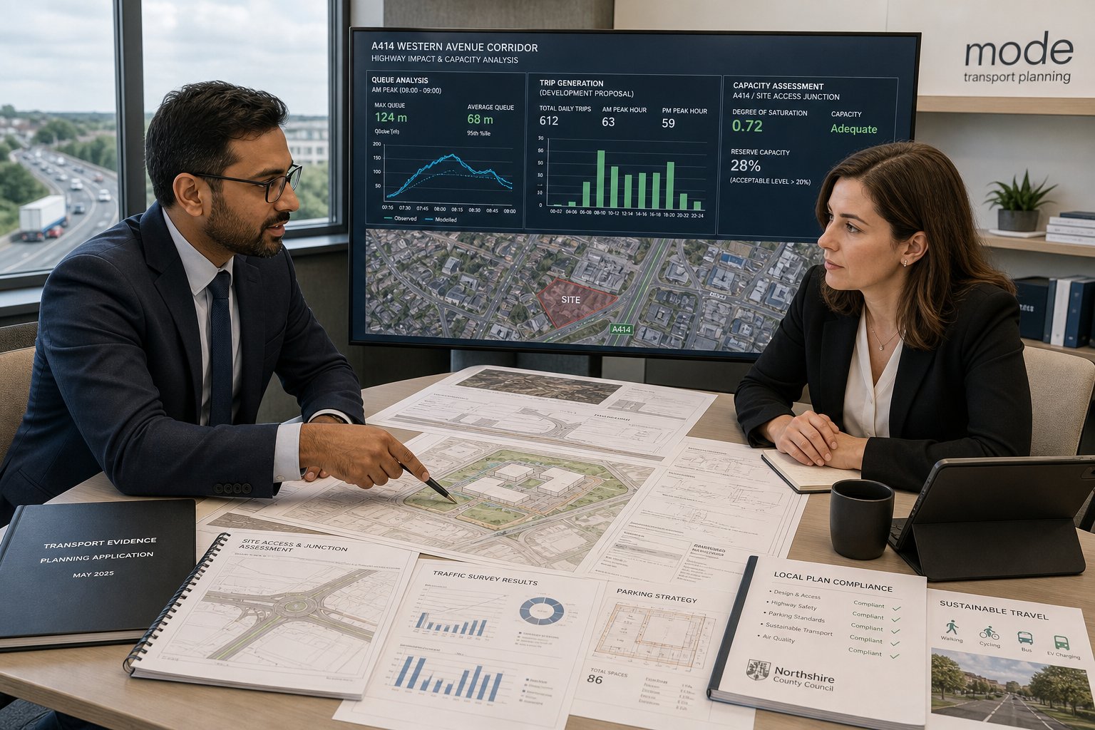Consultants reviewing traffic plans and transport data for a UK planning application.
