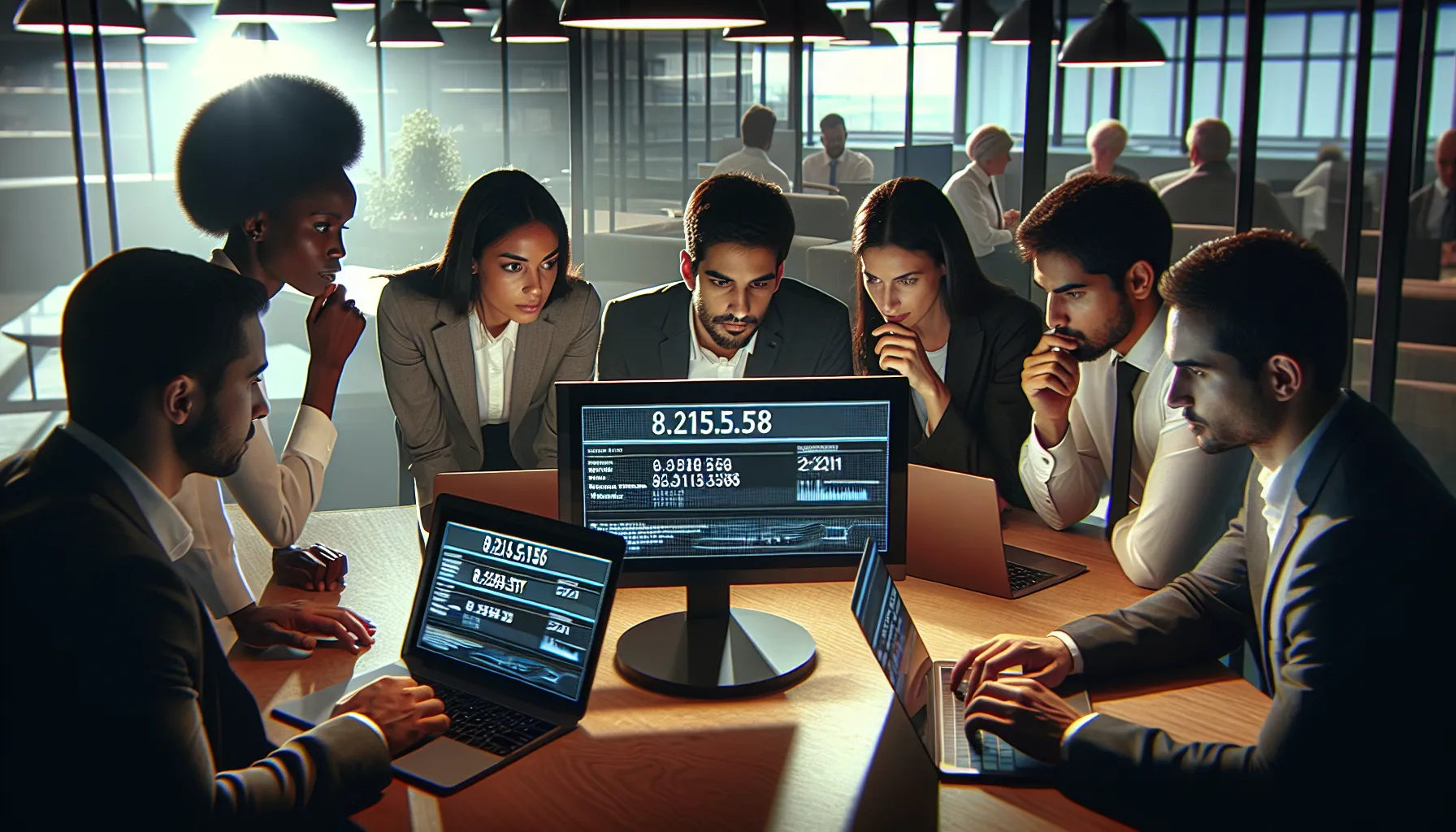 diverse team analyzing IP address information in a modern office.