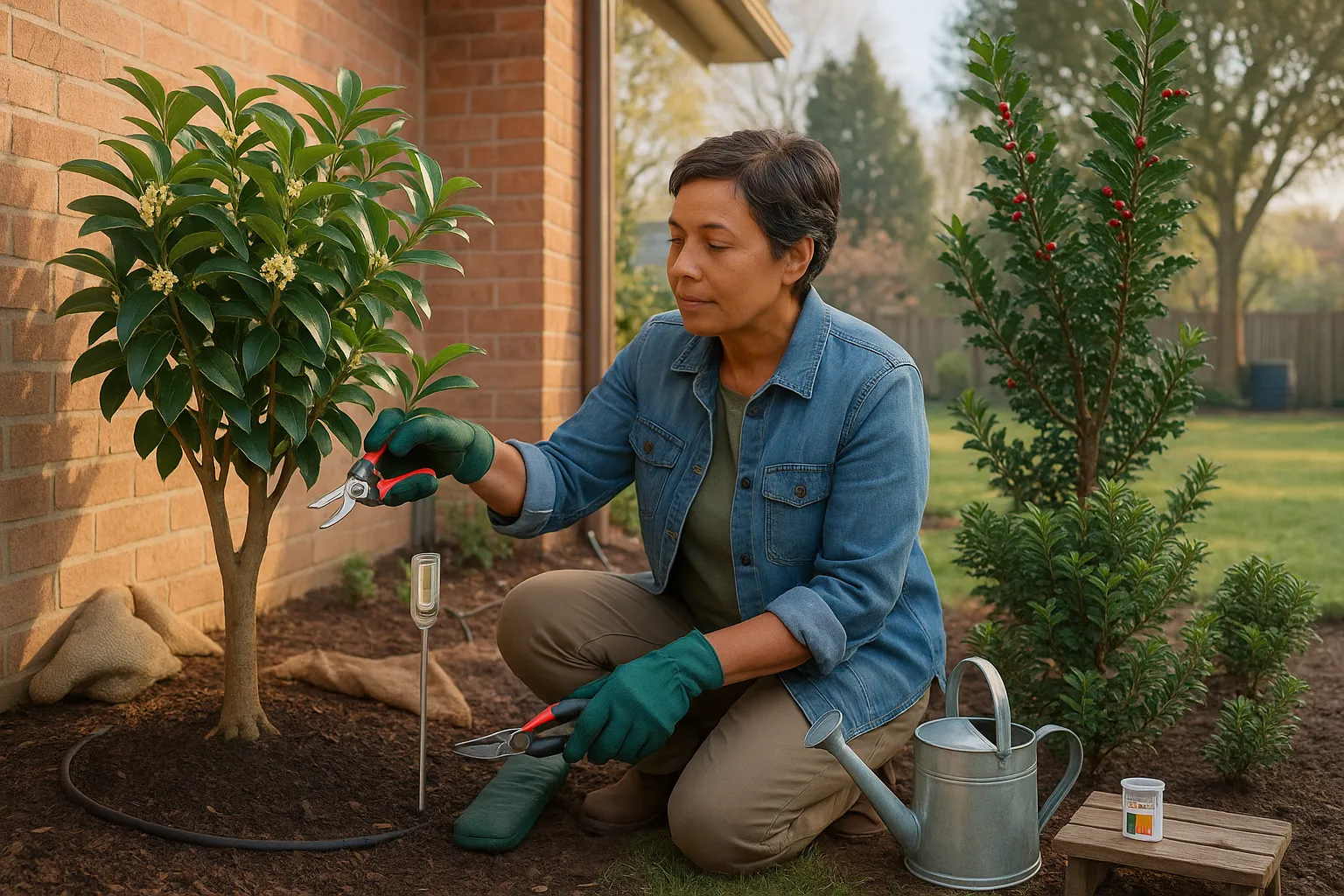Gardener pruning Osmanthus beside a holly shrub with berries at sunrise.