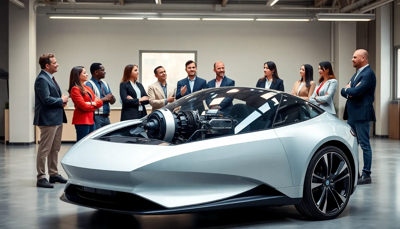 modern electric vehicle with professionals discussing its mechanics.