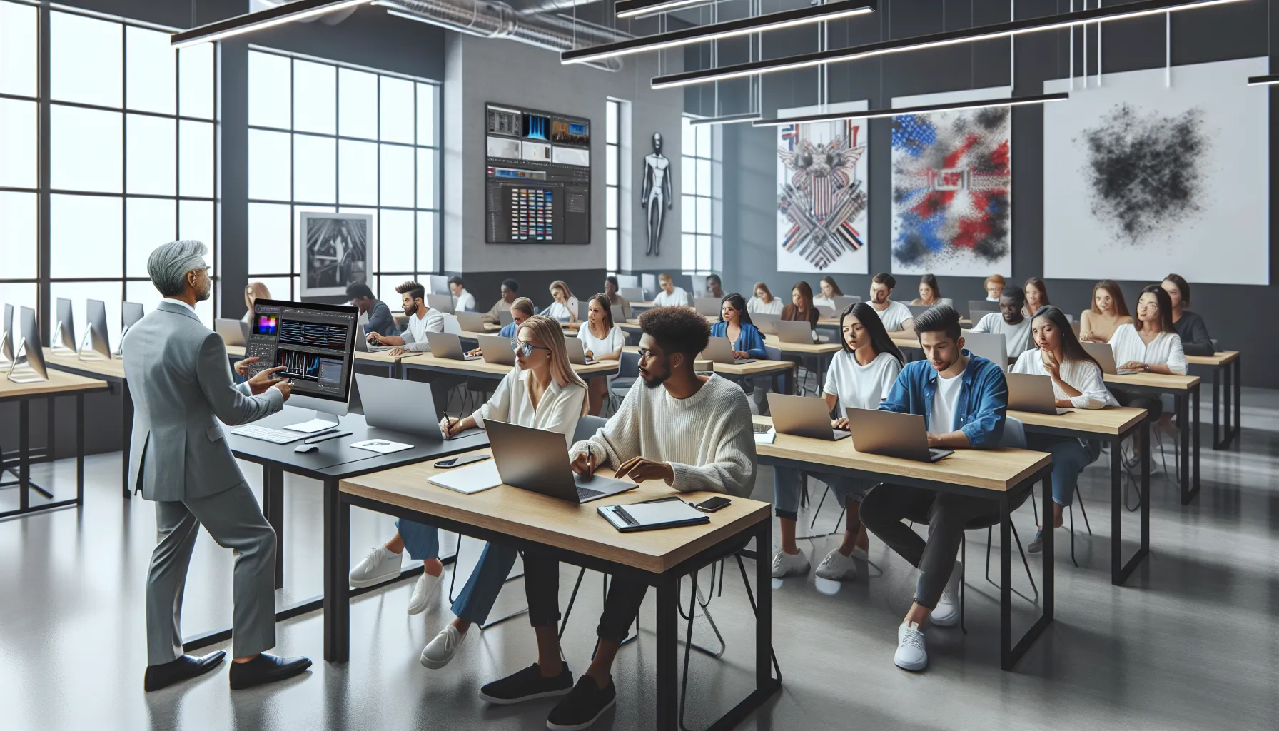 students learning Photoshop in a modern classroom setting.