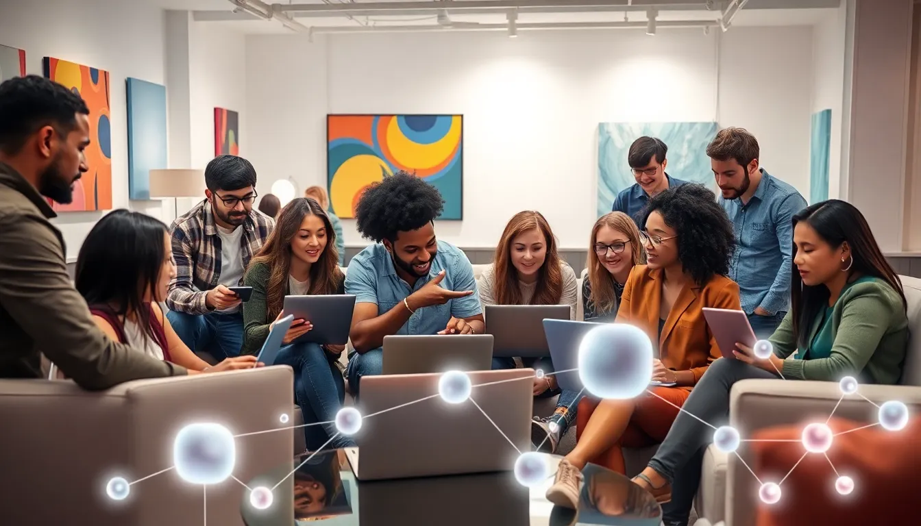 diverse group discussing online culture in a modern workspace.
