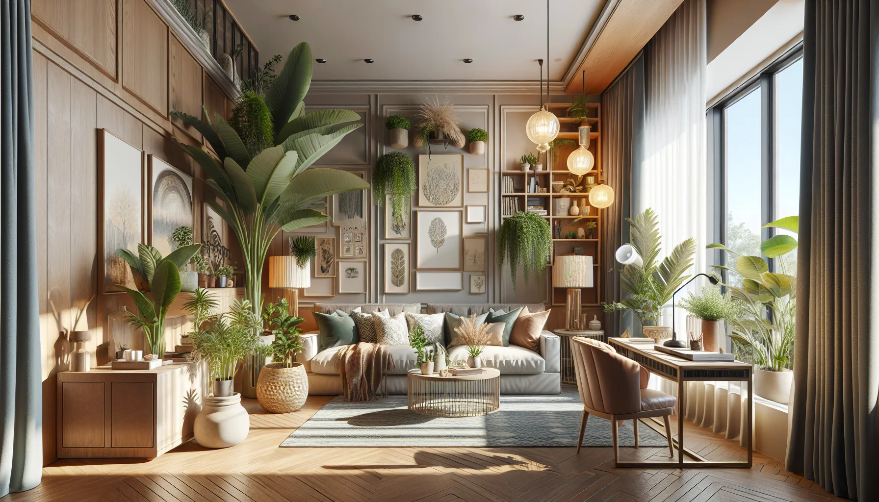 modern living room showcasing biophilic design and multifunctional spaces.
