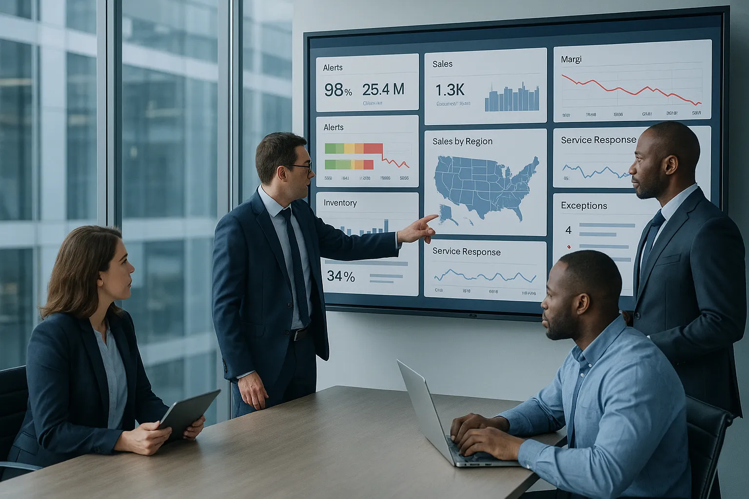 Business team reviewing live KPI dashboard in a modern office.