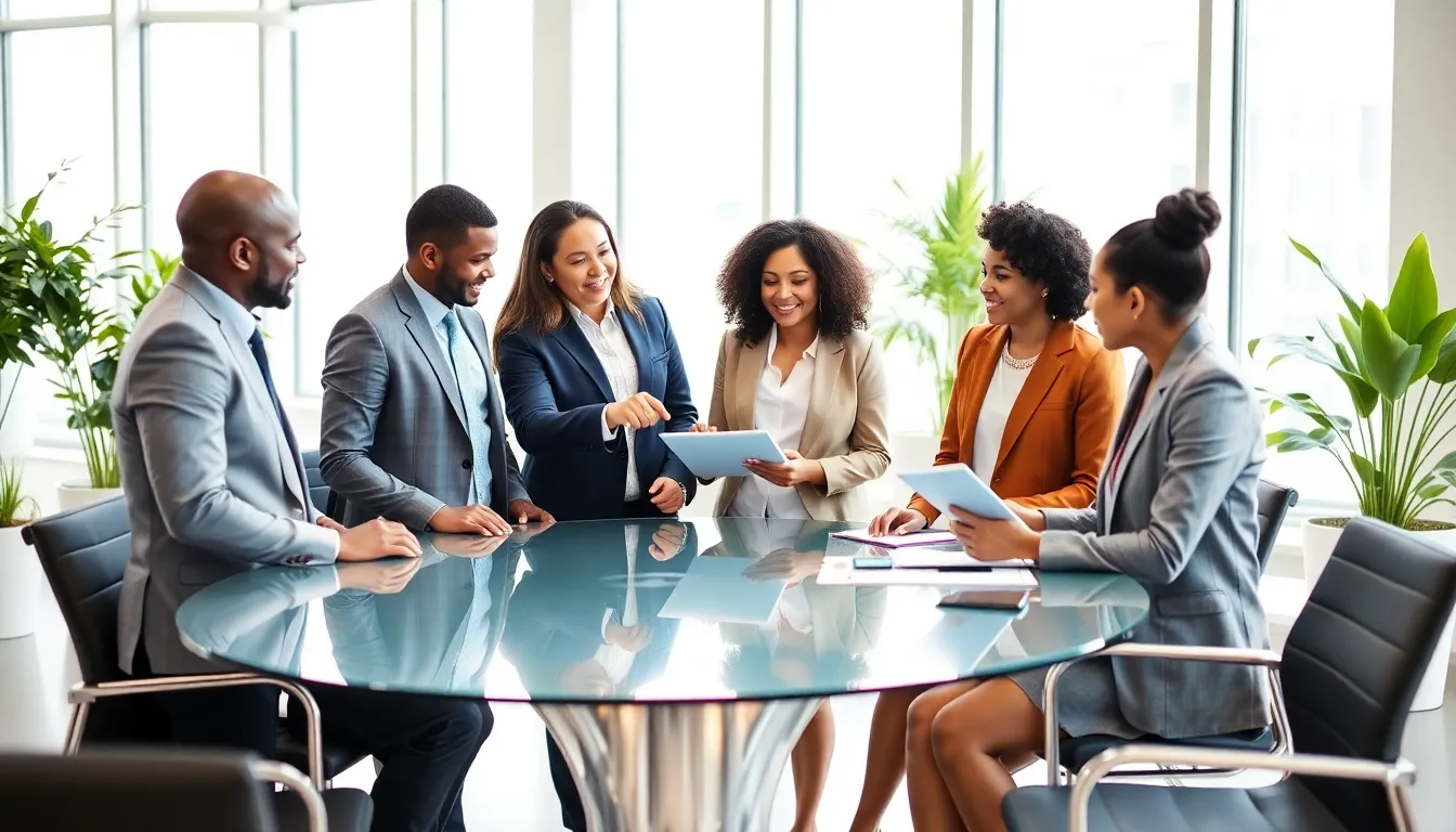 diverse professionals collaborating in a modern office setting.