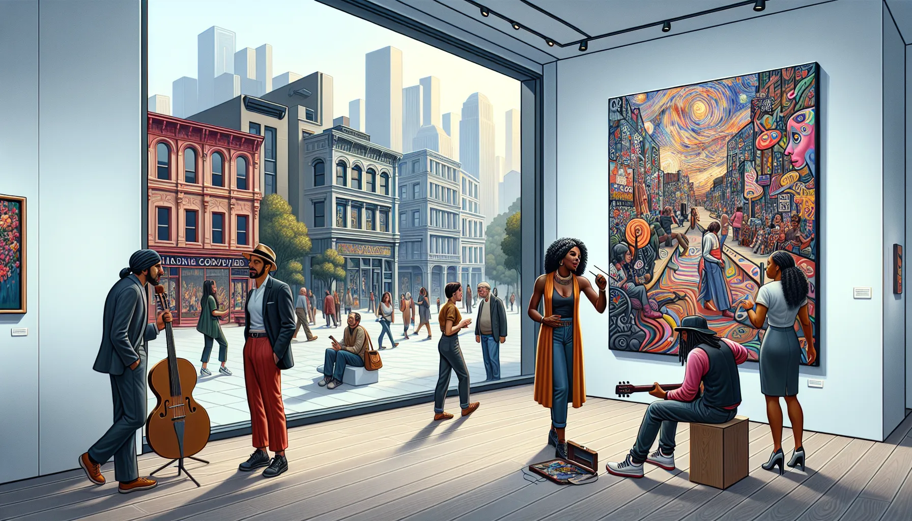 diverse artists and attendees in a vibrant art gallery.