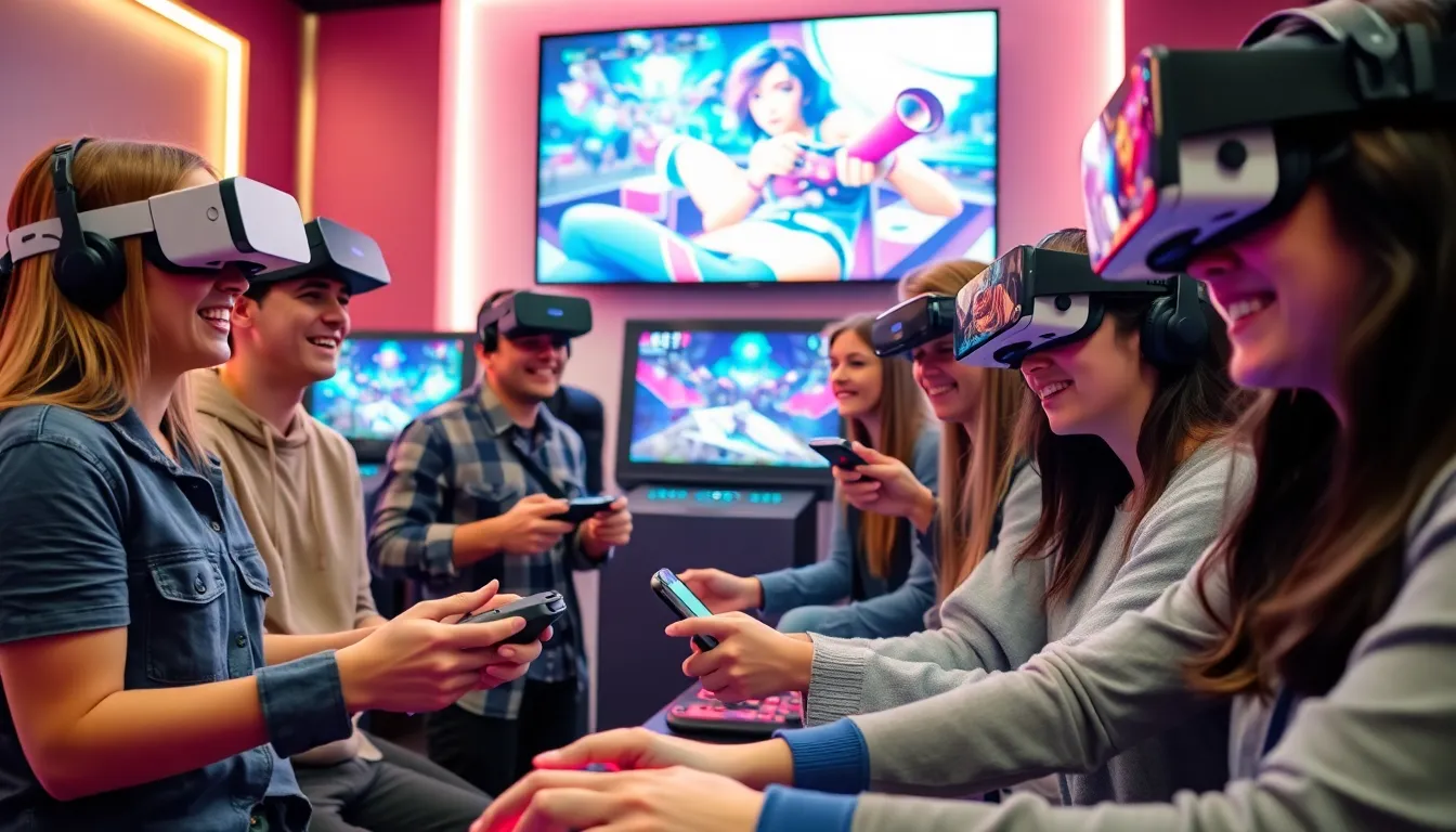 diverse group enjoying engaging gaming in a modern environment.