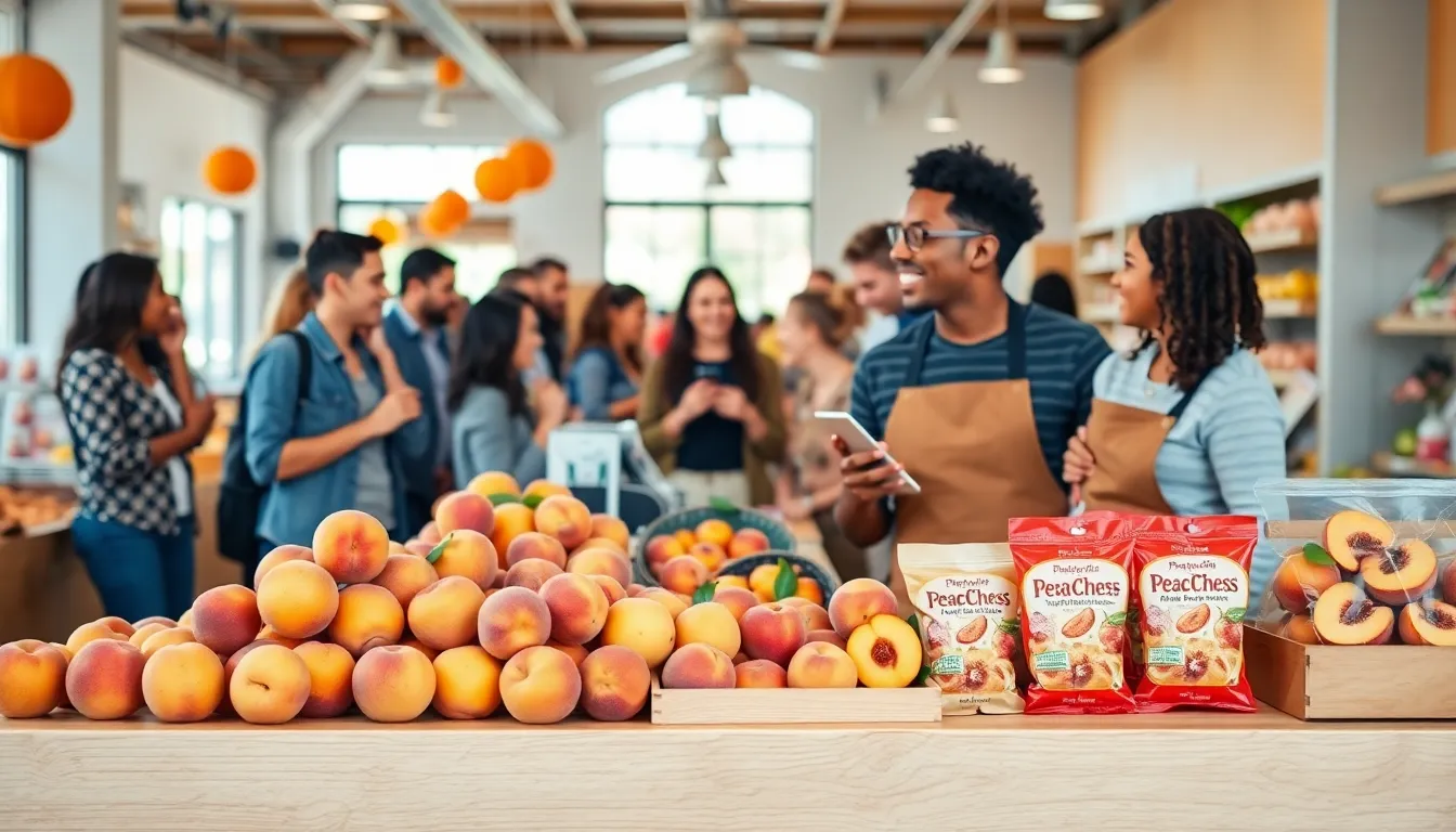 diverse individuals enjoying peach-themed products in a modern marketplace.
