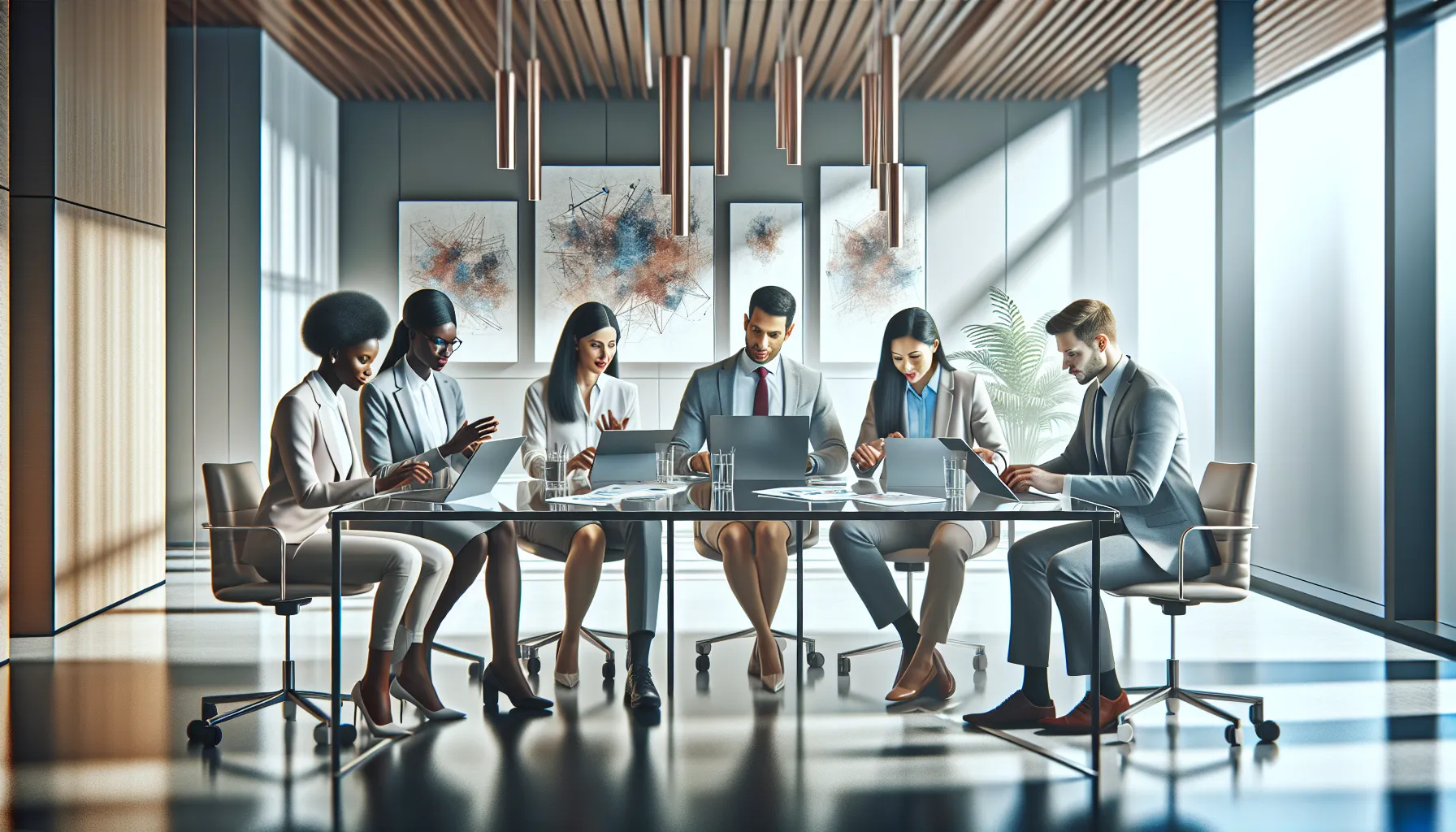 diverse professionals collaborating in a modern office setting.