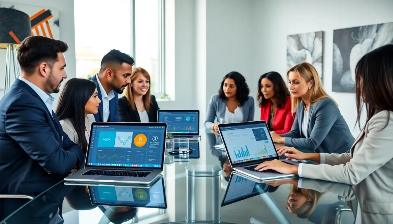 diverse team discussing software solutions in a modern office.