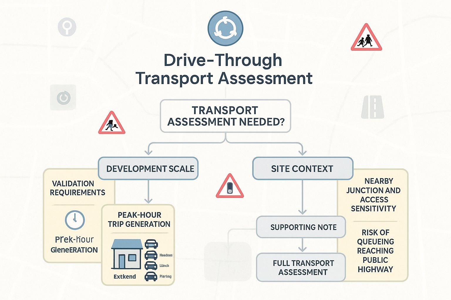 UK drive-through transport assessment decision infographic with scale, context, and traffic checks.