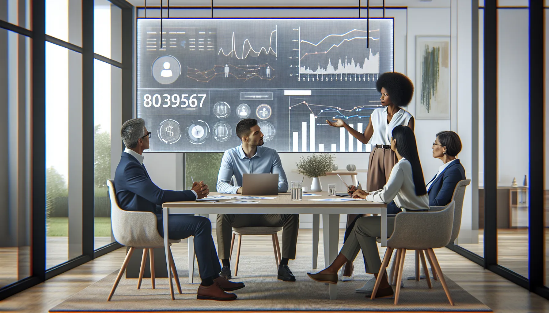 diverse professionals discussing the significance of a number in an office.